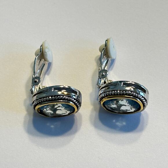 Clip on earrings silvertone rope texture & blue faceted stone ovals classic look - Picture 4 of 6
